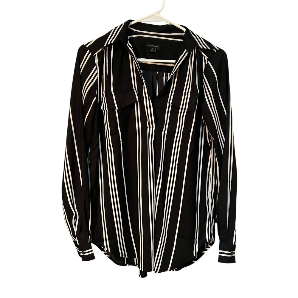 Ann Taylor Womens Size XS Split Neck Collared Blouse Black White Stripes Pockets